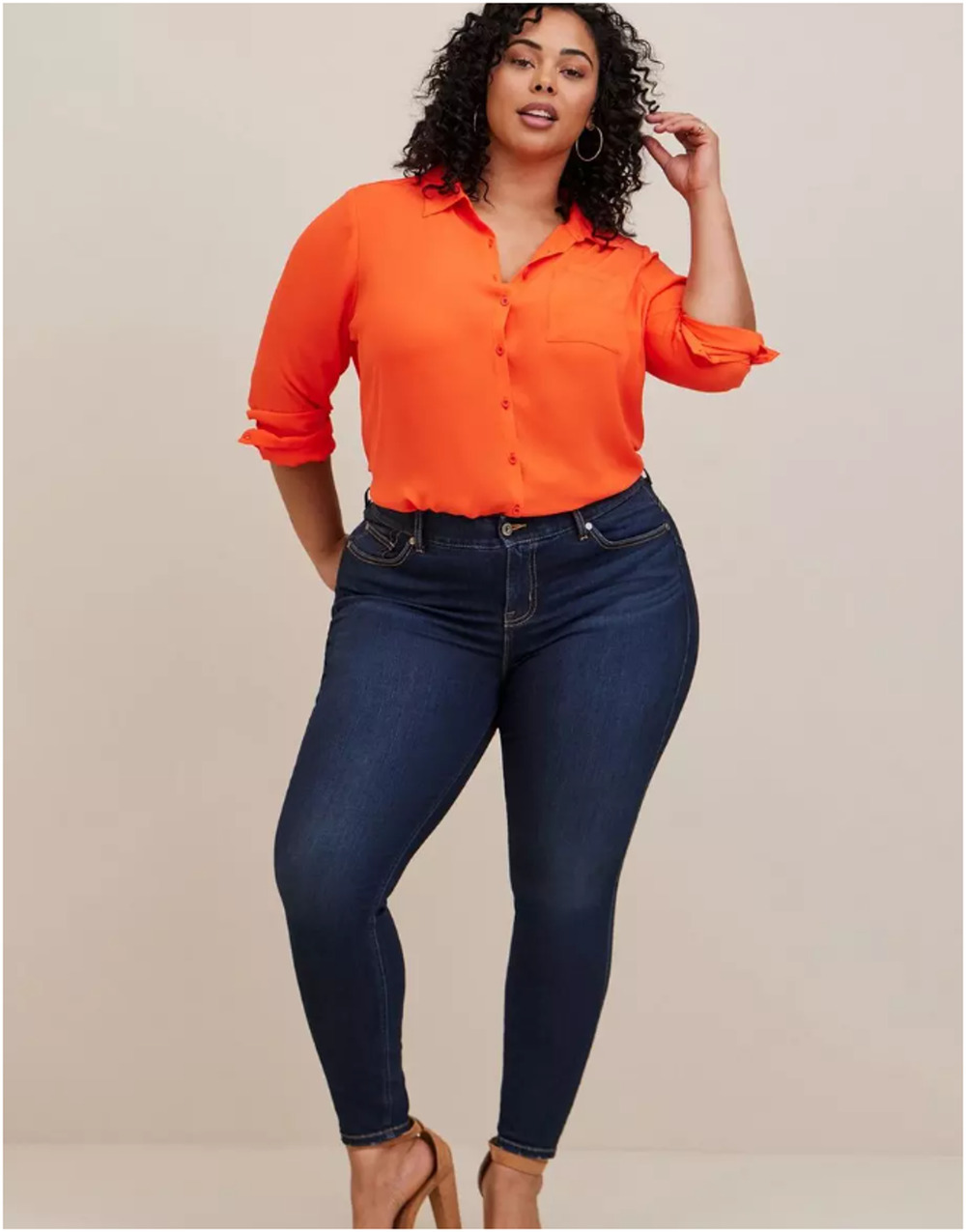 Torrid Lizzie Georgette Button Up Shirt Womens 3X Bright Orange Long Sleeve